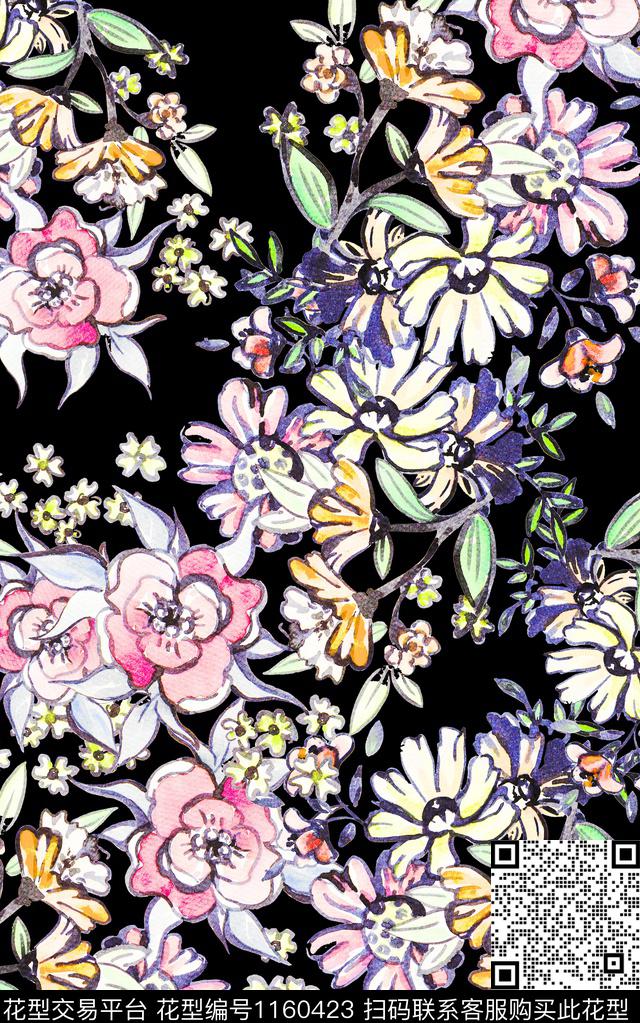 黑底花卉小碎花花卉数码印花华亿平台下载（图片编号: 1160423） - 瓦栏（Walan）