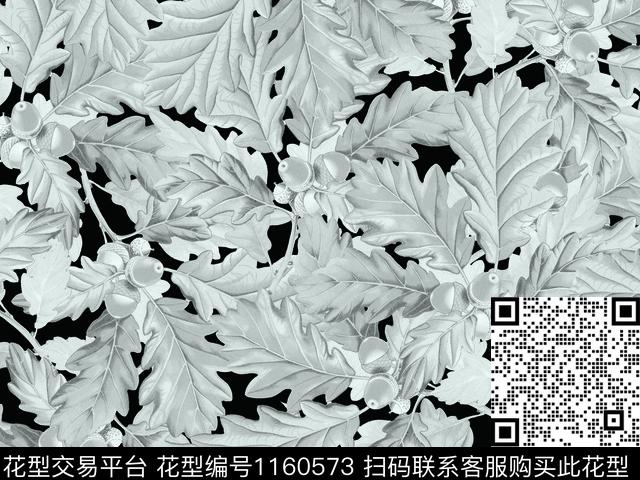 黑底花卉绿植树叶密集排列数码印花华亿平台下载（图片编号: 1160573） - 瓦栏（Walan）