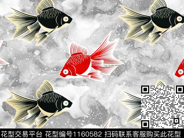 简笔鱼中国风满底晕色数码印花华亿平台下载（图片编号: 1160582） - 瓦栏（Walan）