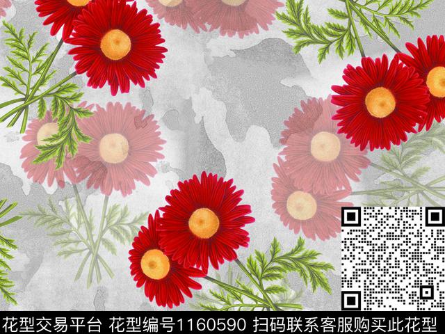 抽象底色大红花卉散点排列数码印花华亿平台下载（图片编号: 1160590） - 瓦栏（Walan）
