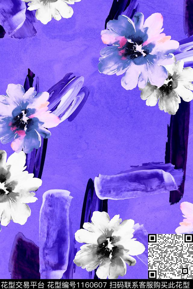 笔触抽象花卉手绘数码印花华亿平台下载（图片编号: 1160607） - 瓦栏（Walan）