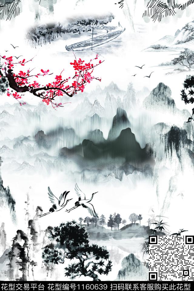 水墨风国画腊梅数码印花华亿平台下载（图片编号: 1160639） - 瓦栏（Walan）