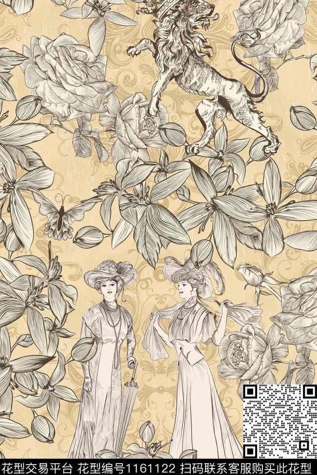 复古场景花卉优美数码印花华亿平台下载（图片编号: 1161122） - 瓦栏（Walan）