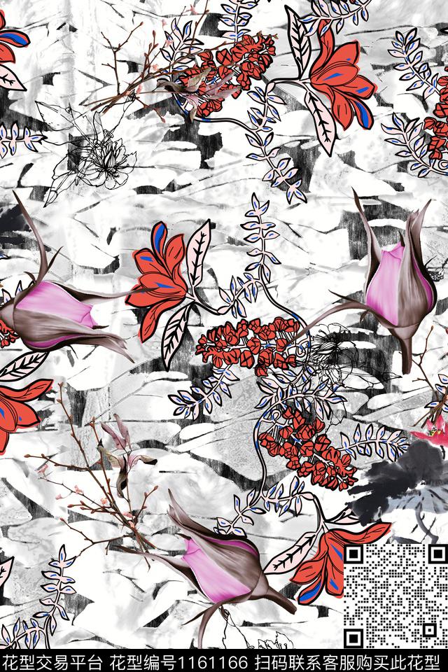 抽象花卉线条花卉数码印花华亿平台下载（图片编号: 1161166） - 瓦栏（Walan）