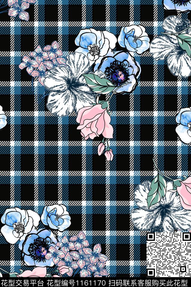 格子几何水彩花卉数码印花华亿平台下载（图片编号: 1161170） - 瓦栏（Walan）