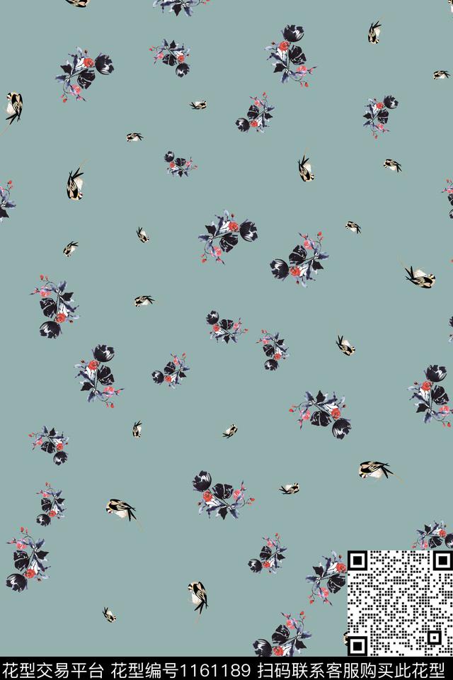 鸟水墨风小碎花数码印花华亿平台下载（图片编号: 1161189） - 瓦栏（Walan）