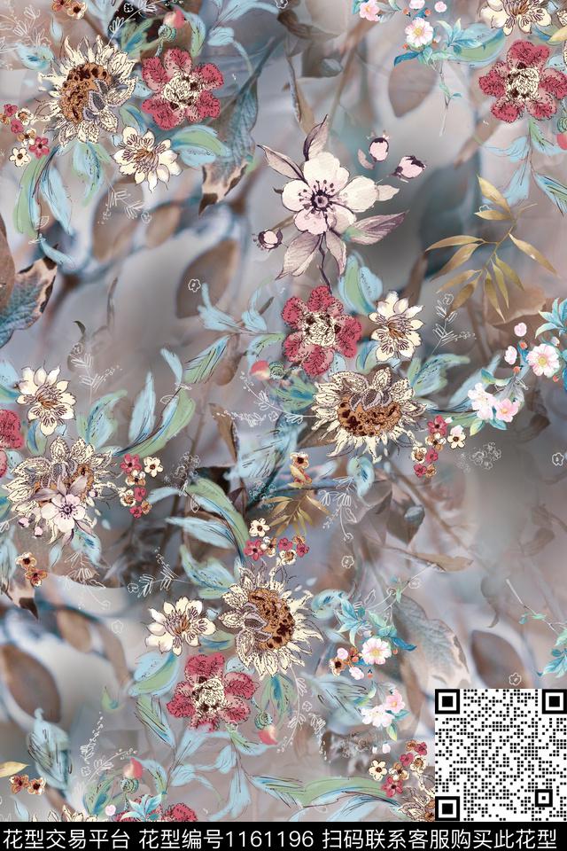 花卉抽象底纹线描花卉数码印花华亿平台下载（图片编号: 1161196） - 瓦栏（Walan）