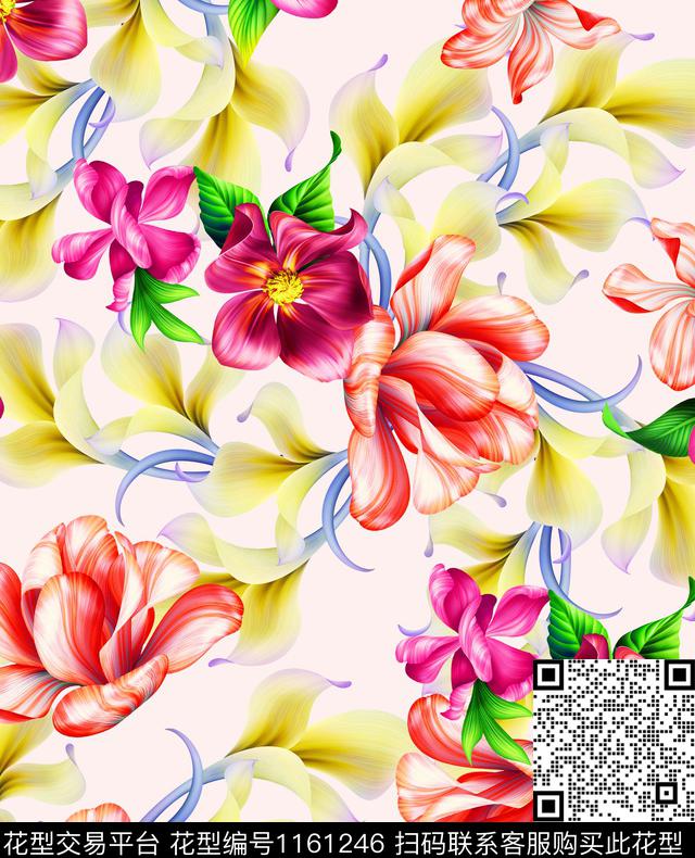 彩底花卉粉色女装数码印花华亿平台下载（图片编号: 1161246） - 瓦栏（Walan）