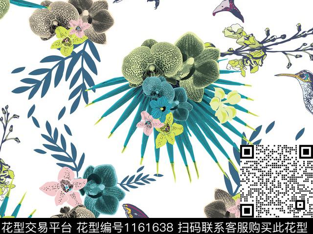 抽象花卉花鸟散点排列数码印花华亿平台下载（图片编号: 1161638） - 瓦栏（Walan）