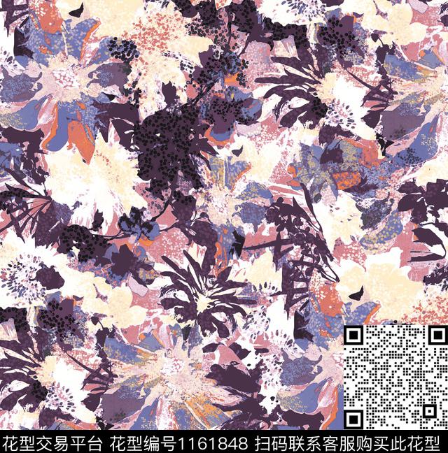 水墨风女装抽象花卉数码印花华亿平台下载（图片编号: 1161848） - 瓦栏（Walan）