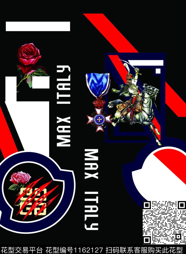 几何男装骑士玫瑰花数码印花华亿平台下载（图片编号: 1162127） - 瓦栏（Walan）