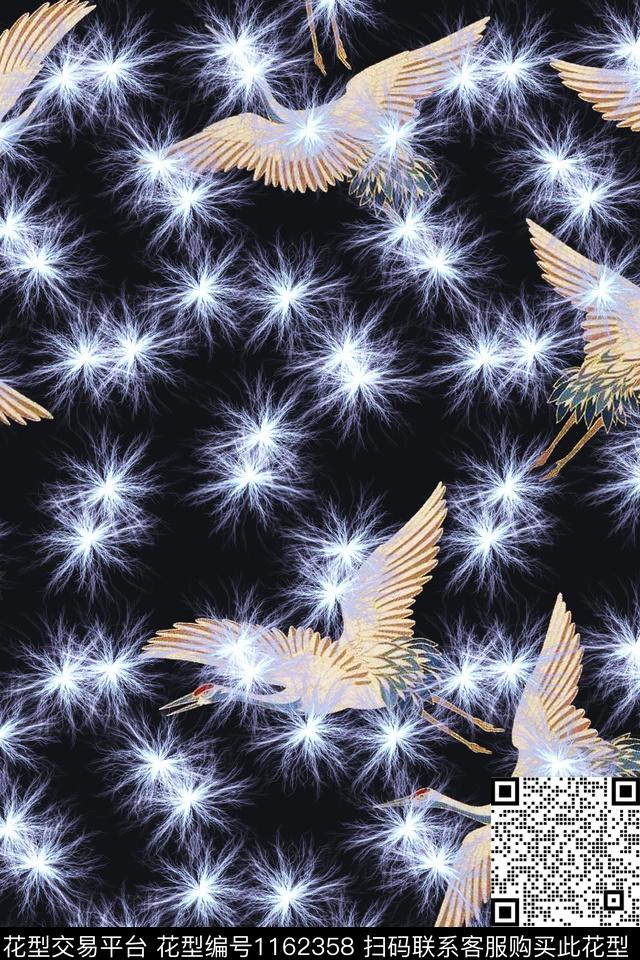 星空黑底花卉仙鹤数码印花华亿平台下载（图片编号: 1162358） - 瓦栏（Walan）