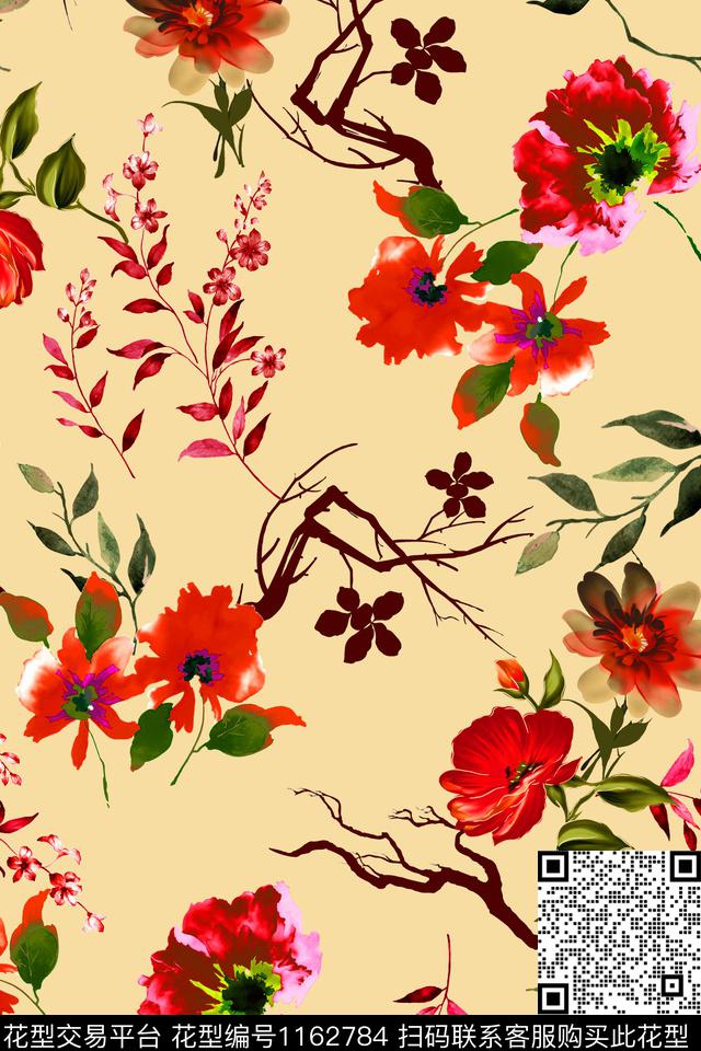 花卉大牌风手绘花卉数码印花华亿平台下载（图片编号: 1162784） - 瓦栏（Walan）