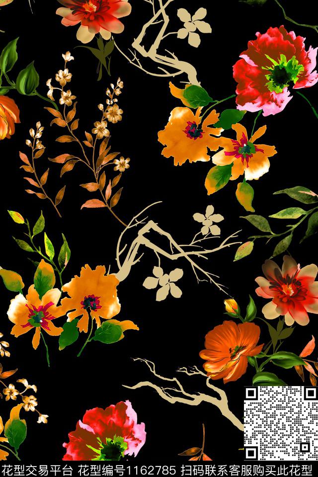 花卉大牌风手绘花卉数码印花华亿平台下载（图片编号: 1162785） - 瓦栏（Walan）
