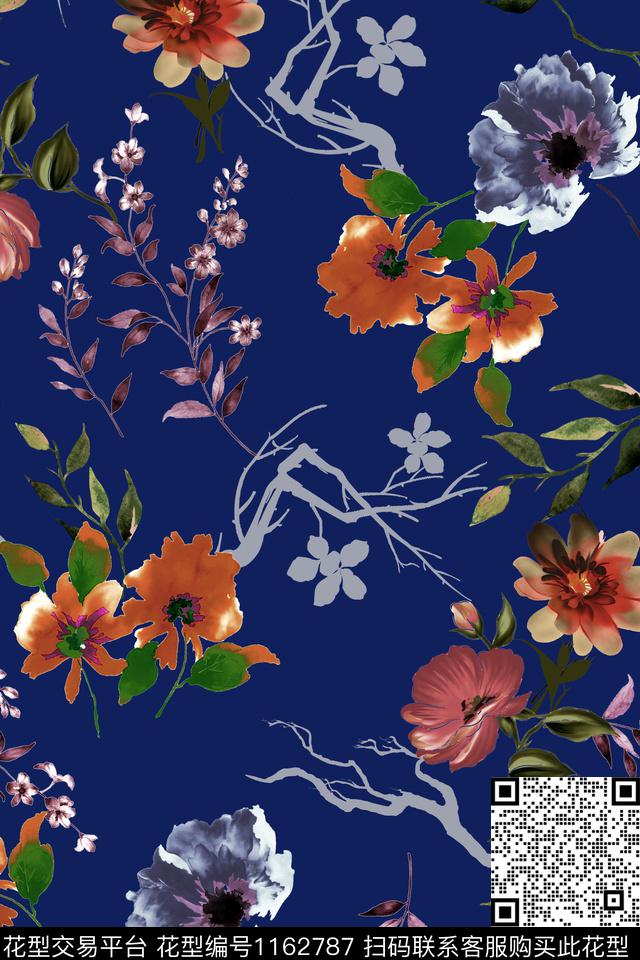 花卉大牌风手绘花卉数码印花华亿平台下载（图片编号: 1162787） - 瓦栏（Walan）