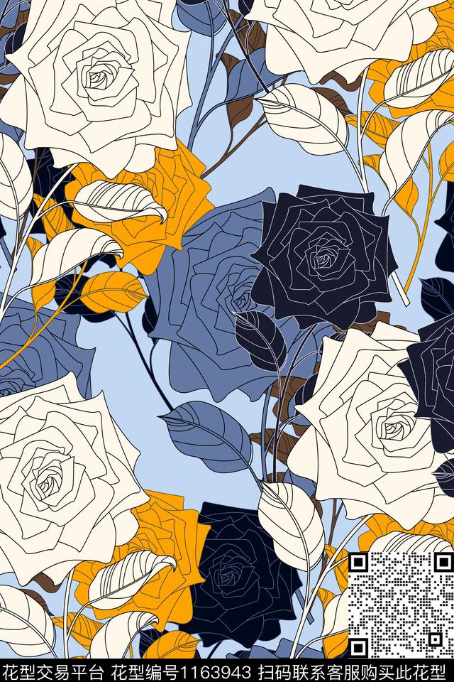 传统华亿平台手绘大花大牌风传统印花华亿平台下载（图片编号: 1163943） - 瓦栏（Walan）