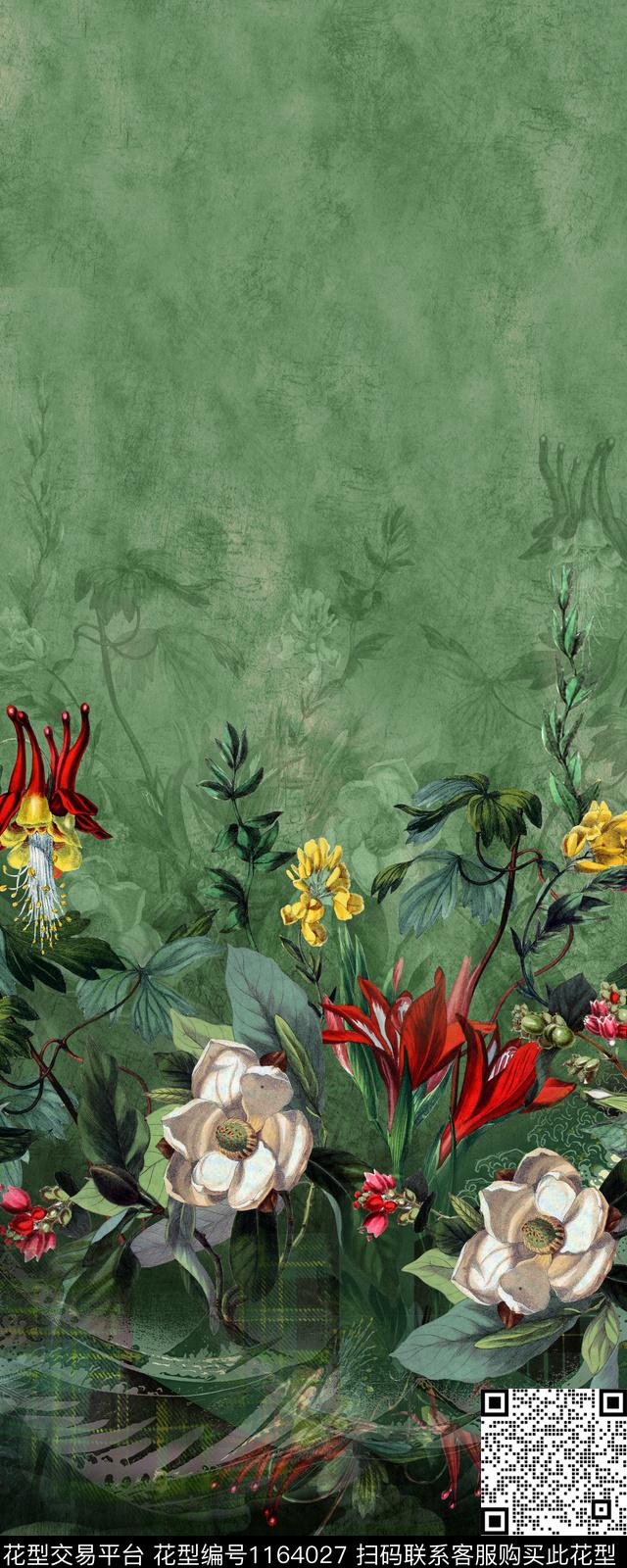 花卉香云纱定位花数码印花华亿平台下载（图片编号: 1164027） - 瓦栏（Walan）