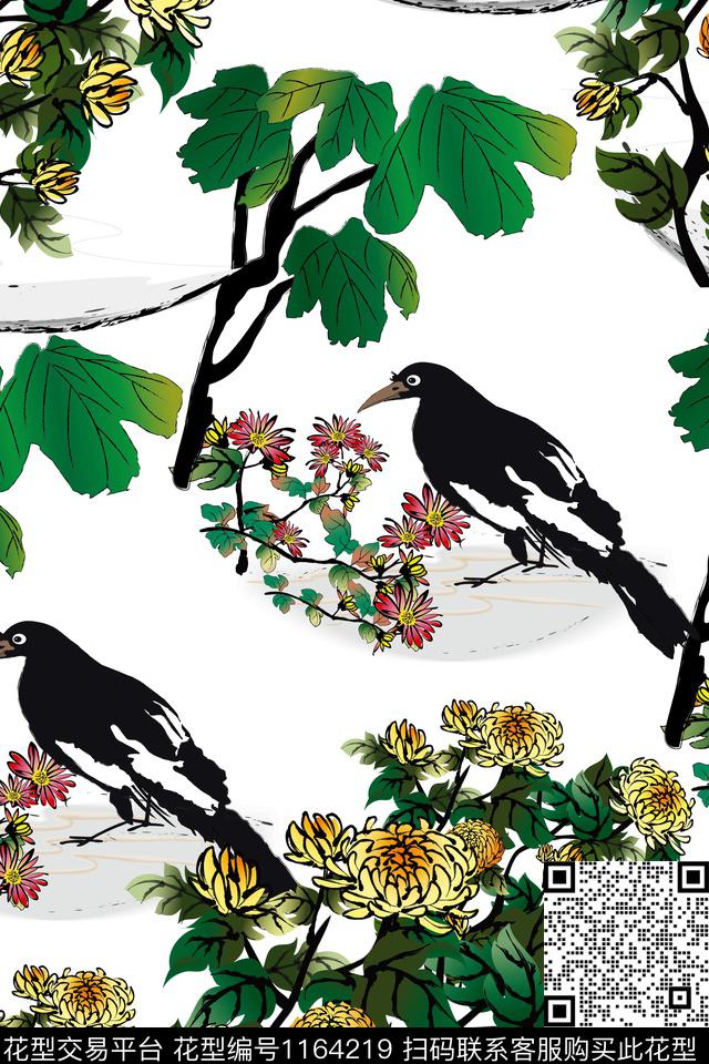 手绘花卉水墨风菊花数码印花华亿平台下载（图片编号: 1164219） - 瓦栏（Walan）