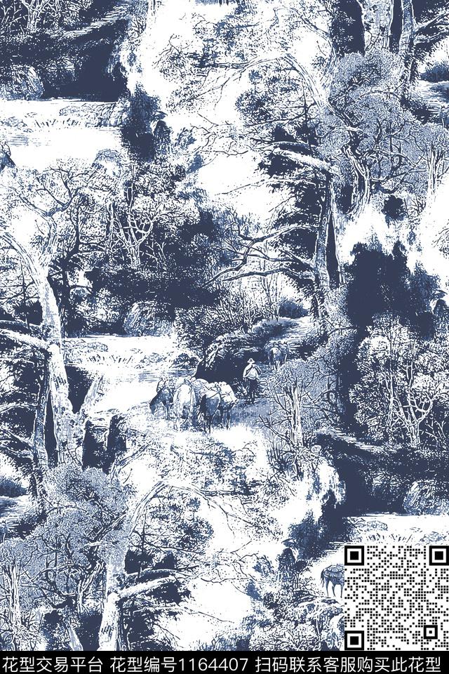 手绘树中国风传统印花华亿平台下载（图片编号: 1164407） - 瓦栏（Walan）