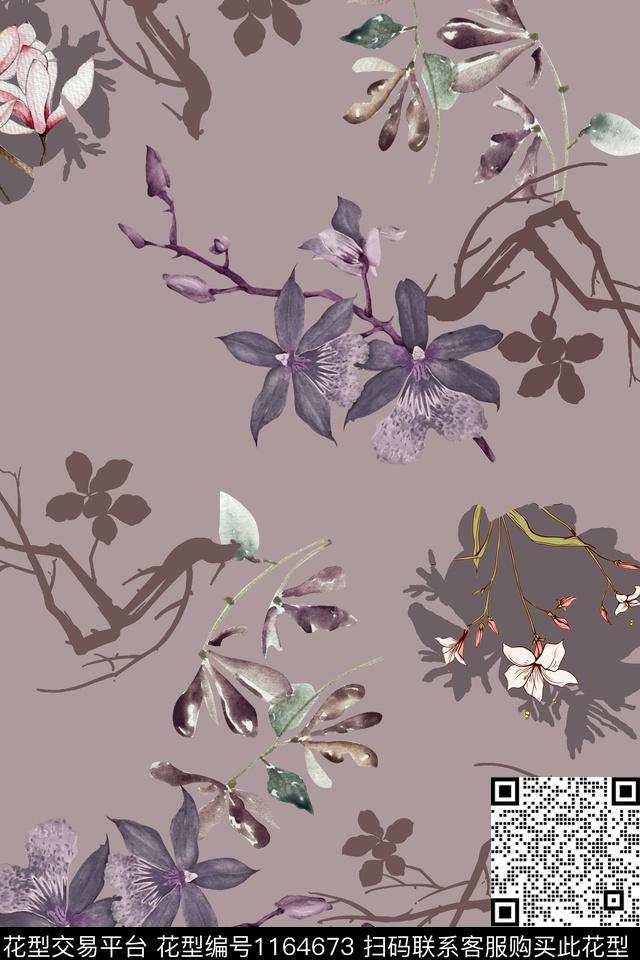 大牌风花卉手绘花卉数码印花华亿平台下载（图片编号: 1164673） - 瓦栏（Walan）