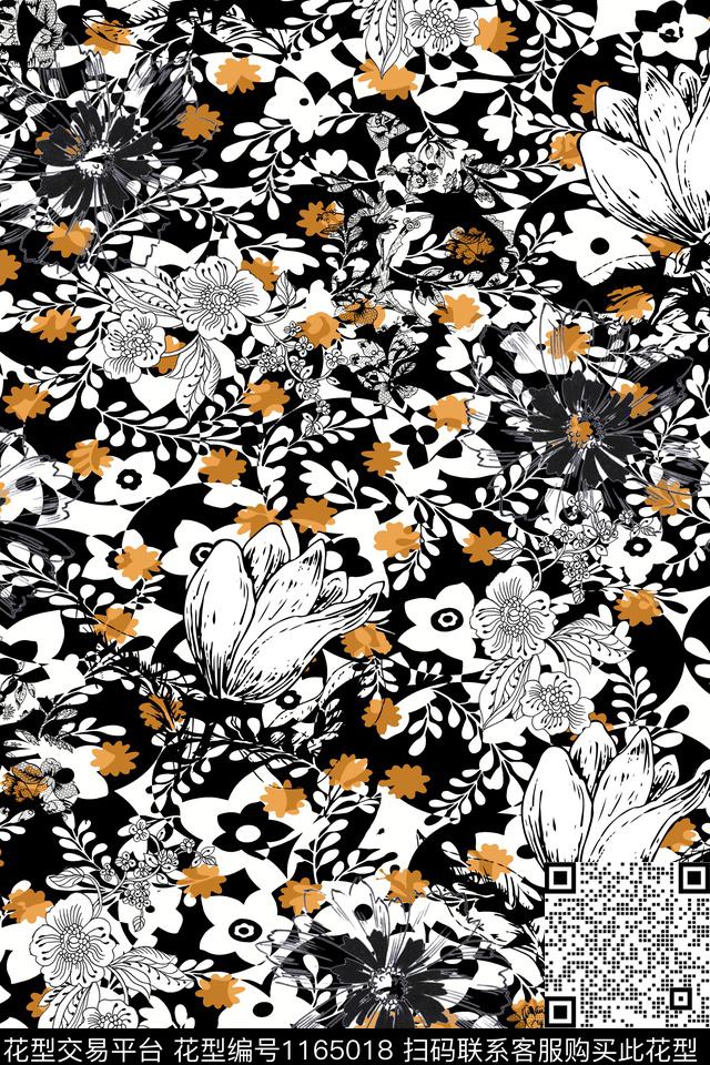 几何抽象线条花卉传统印花华亿平台下载（图片编号: 1165018） - 瓦栏（Walan）