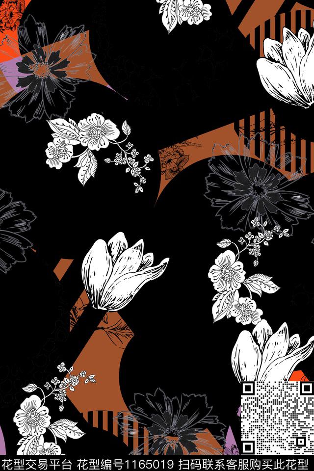 几何大牌风线条花卉传统印花华亿平台下载（图片编号: 1165019） - 瓦栏（Walan）