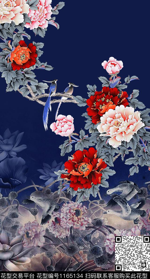 中国风定位花鸟牡丹数码印花华亿平台下载（图片编号: 1165134） - 瓦栏（Walan）