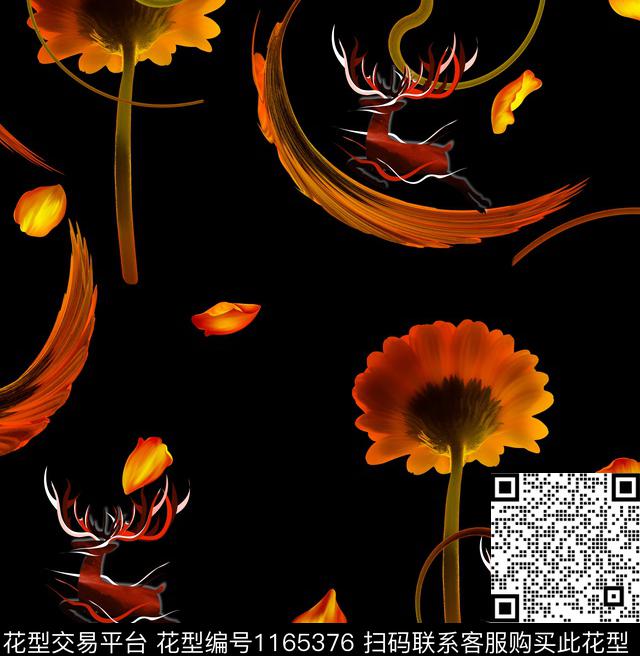 清爽底花卉飞鹿绿植树叶数码印花华亿平台下载（图片编号: 1165376） - 瓦栏（Walan）