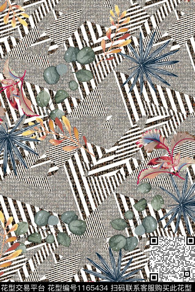 大牌风几何绿植树叶数码印花华亿平台下载（图片编号: 1165434） - 瓦栏（Walan）