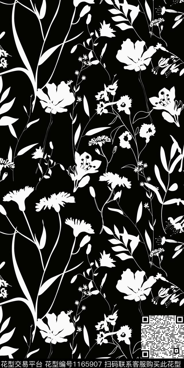 花卉大牌风黑白华亿平台数码印花华亿平台下载（图片编号: 1165907） - 瓦栏（Walan）