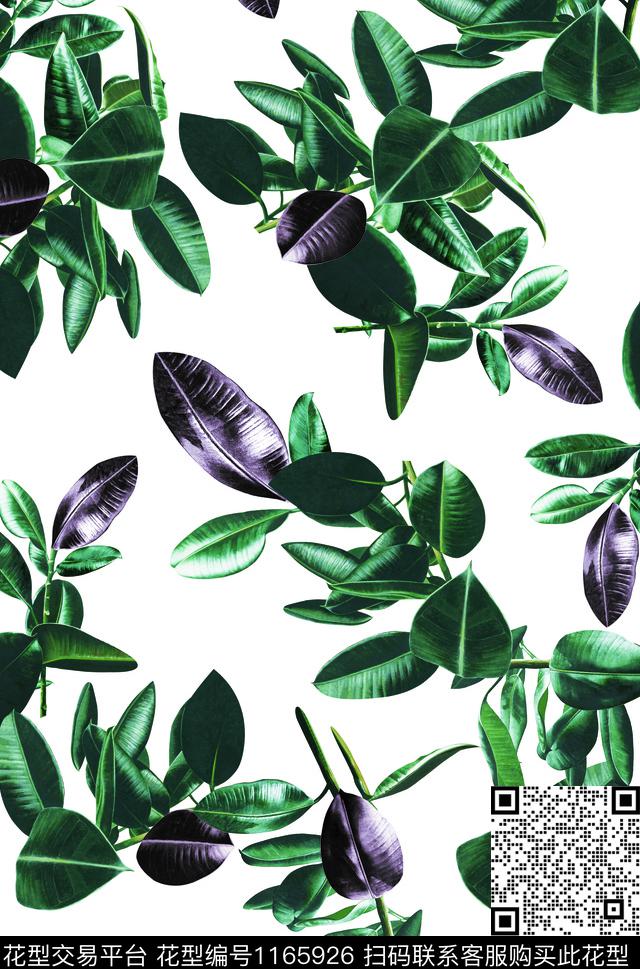 手绘大牌风绿植树叶数码印花华亿平台下载（图片编号: 1165926） - 瓦栏（Walan）