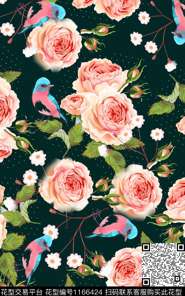 清爽底花卉时尚鸟数码印花华亿平台下载（图片编号: 1166424） - 瓦栏（Walan）