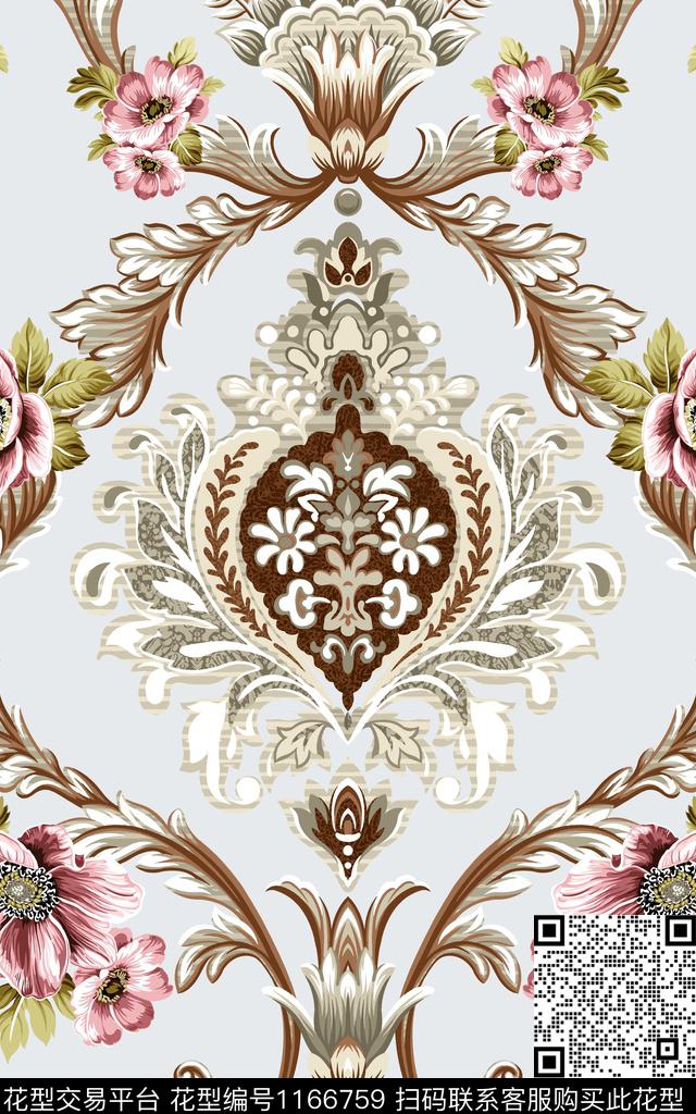 花卉沙发布欧式定位花传统印花华亿平台下载（图片编号: 1166759） - 瓦栏（Walan）