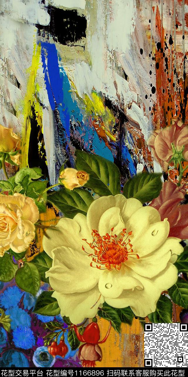 手绘大花抽象花卉定位花数码印花华亿平台下载（图片编号: 1166896） - 瓦栏（Walan）