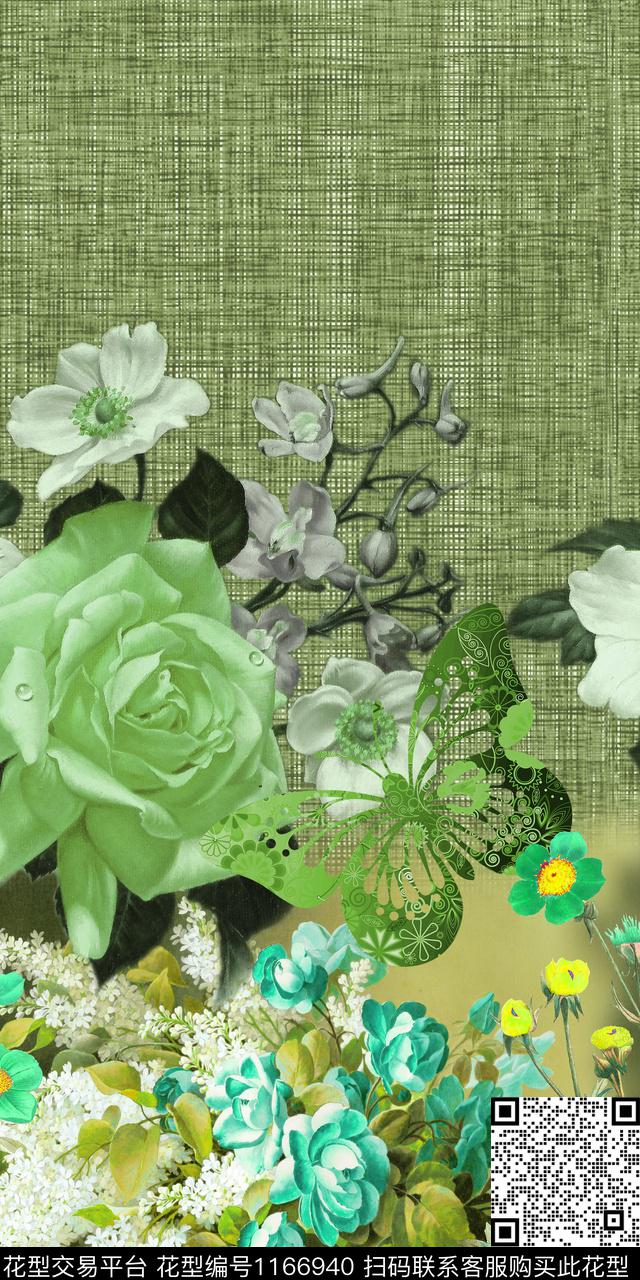 蝴蝶手绘大花定位花数码印花华亿平台下载（图片编号: 1166940） - 瓦栏（Walan）