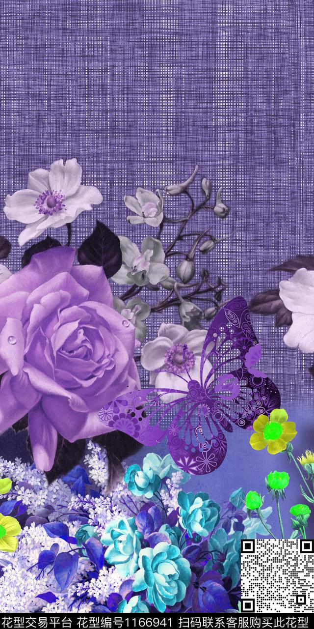 蝴蝶手绘大花定位花数码印花华亿平台下载（图片编号: 1166941） - 瓦栏（Walan）