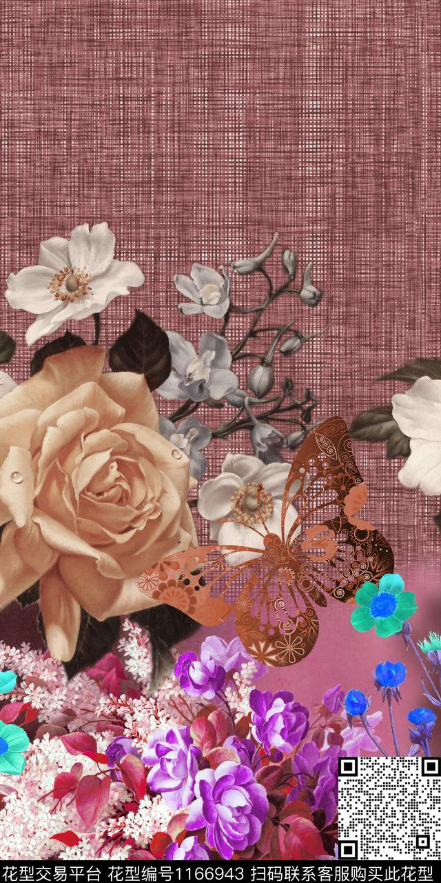 蝴蝶手绘大花定位花数码印花华亿平台下载（图片编号: 1166943） - 瓦栏（Walan）