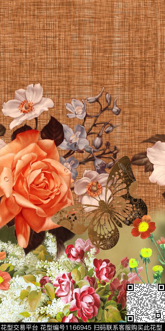 蝴蝶手绘大花定位花数码印花华亿平台下载（图片编号: 1166945） - 瓦栏（Walan）