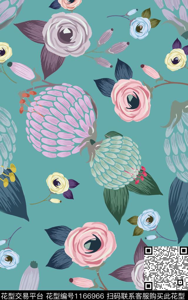 清爽底花卉时尚灰蓝底数码印花华亿平台下载（图片编号: 1166966） - 瓦栏（Walan）