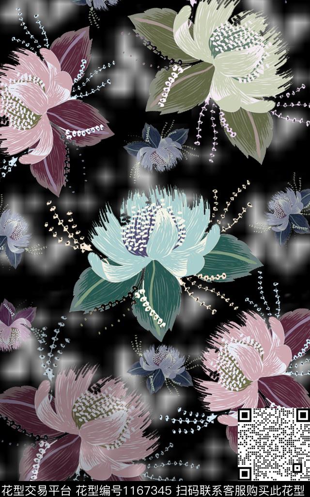 时尚花卉黑底花卉数码印花华亿平台下载（图片编号: 1167345） - 瓦栏（Walan）