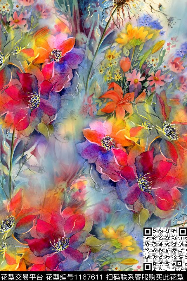 时尚水彩花卉手绘数码印花华亿平台下载（图片编号: 1167611） - 瓦栏（Walan）