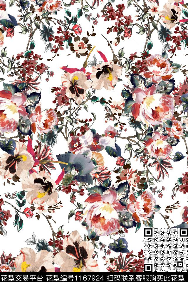 清爽底花卉水彩大牌风数码印花华亿平台下载（图片编号: 1167924） - 瓦栏（Walan）