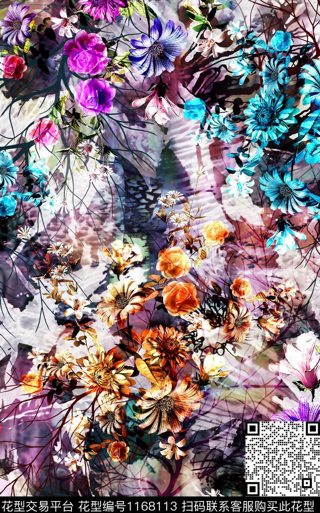 数码华亿平台水彩花卉数码印花华亿平台下载（图片编号: 1168113） - 瓦栏（Walan）