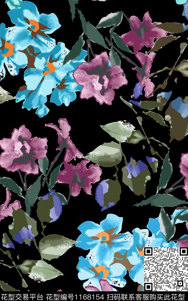 花卉混合拼接黑底花卉数码印花华亿平台下载（图片编号: 1168154） - 瓦栏（Walan）