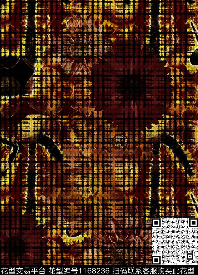 格子向日葵花卉数码印花华亿平台下载（图片编号: 1168236） - 瓦栏（Walan）