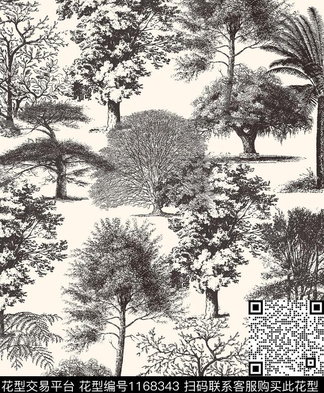 风景景观单色水墨风数码印花华亿平台下载（图片编号: 1168343） - 瓦栏（Walan）