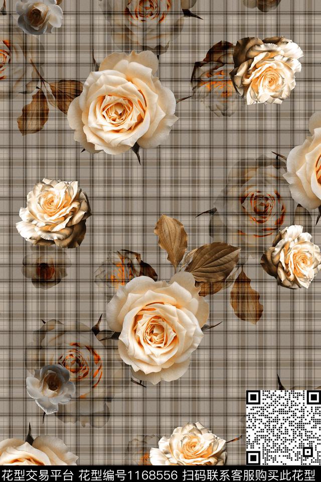 格子花卉满版散花数码印花华亿平台下载（图片编号: 1168556） - 瓦栏（Walan）
