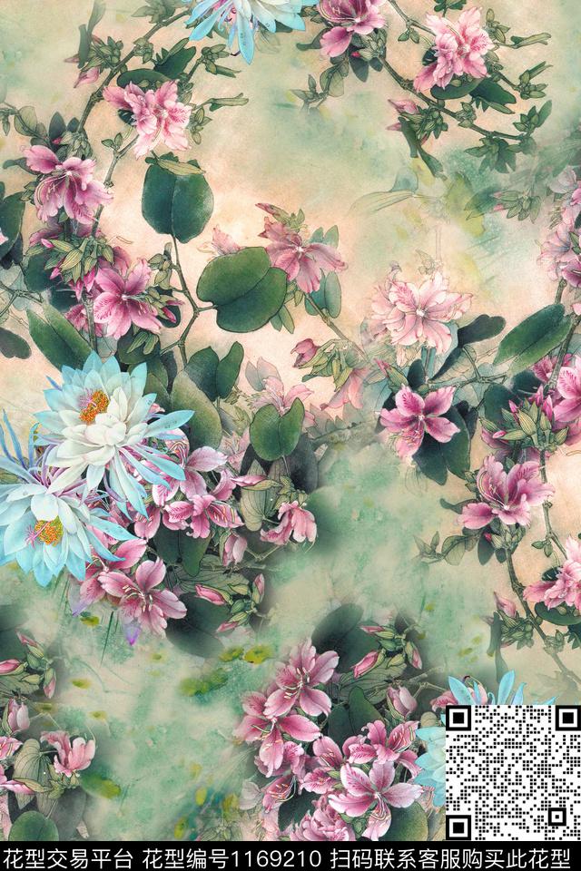 时尚水彩花卉手绘数码印花华亿平台下载（图片编号: 1169210） - 瓦栏（Walan）