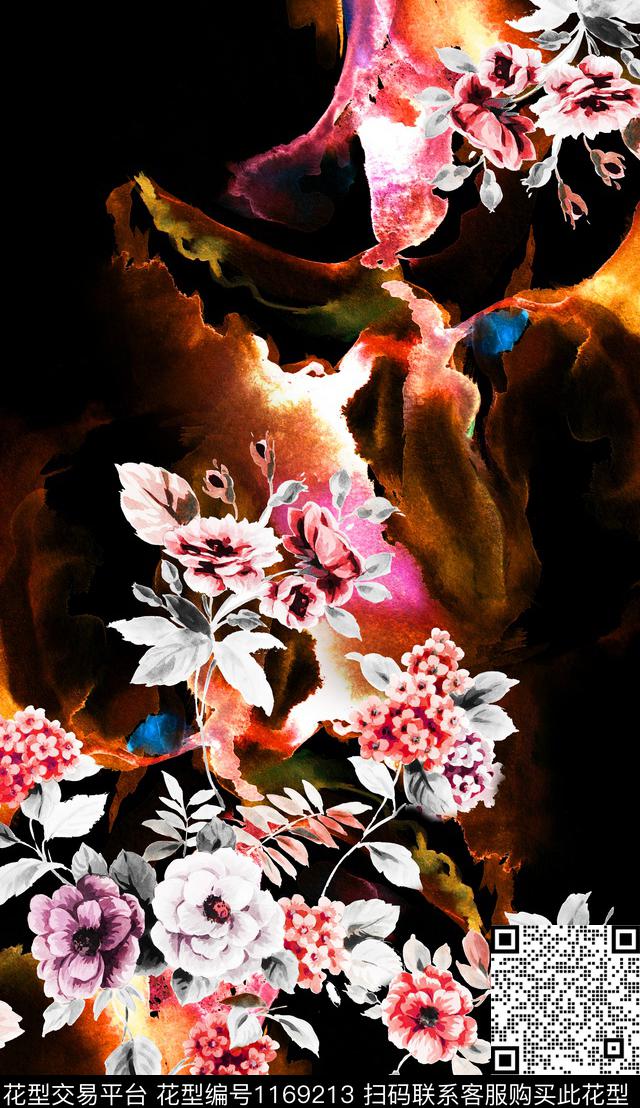 大花花卉定位花数码印花华亿平台下载（图片编号: 1169213） - 瓦栏（Walan）