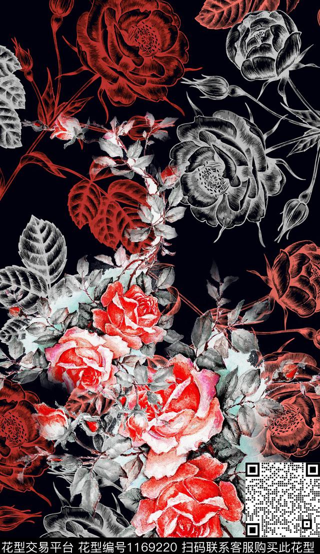 大花花卉定位花数码印花华亿平台下载（图片编号: 1169220） - 瓦栏（Walan）